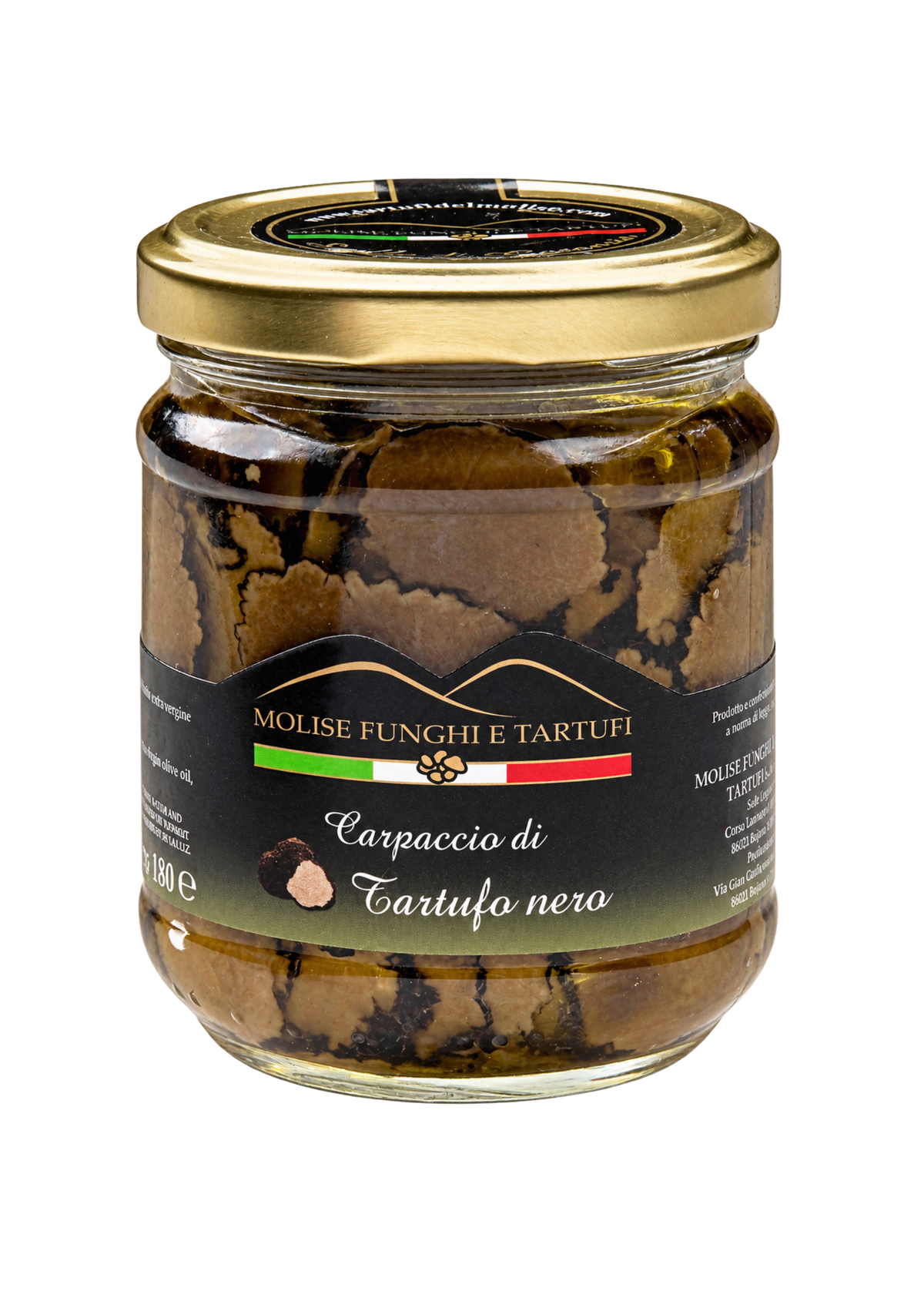 Vasetto di carpaccio di tartufo nero estivo in olio extra vergine d'oliva di Molise Funghi e Tartufi vendita all'ingrosso a ristoranti pizzerie bar negozi gastronomie laboratori cucine professionali per aperitivi vegani pasta carne