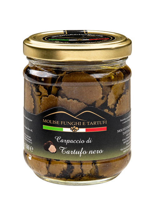 Vasetto di carpaccio di tartufo nero estivo in olio extra vergine d'oliva di Molise Funghi e Tartufi vendita all'ingrosso a ristoranti pizzerie bar negozi gastronomie laboratori cucine professionali per aperitivi vegani pasta carne