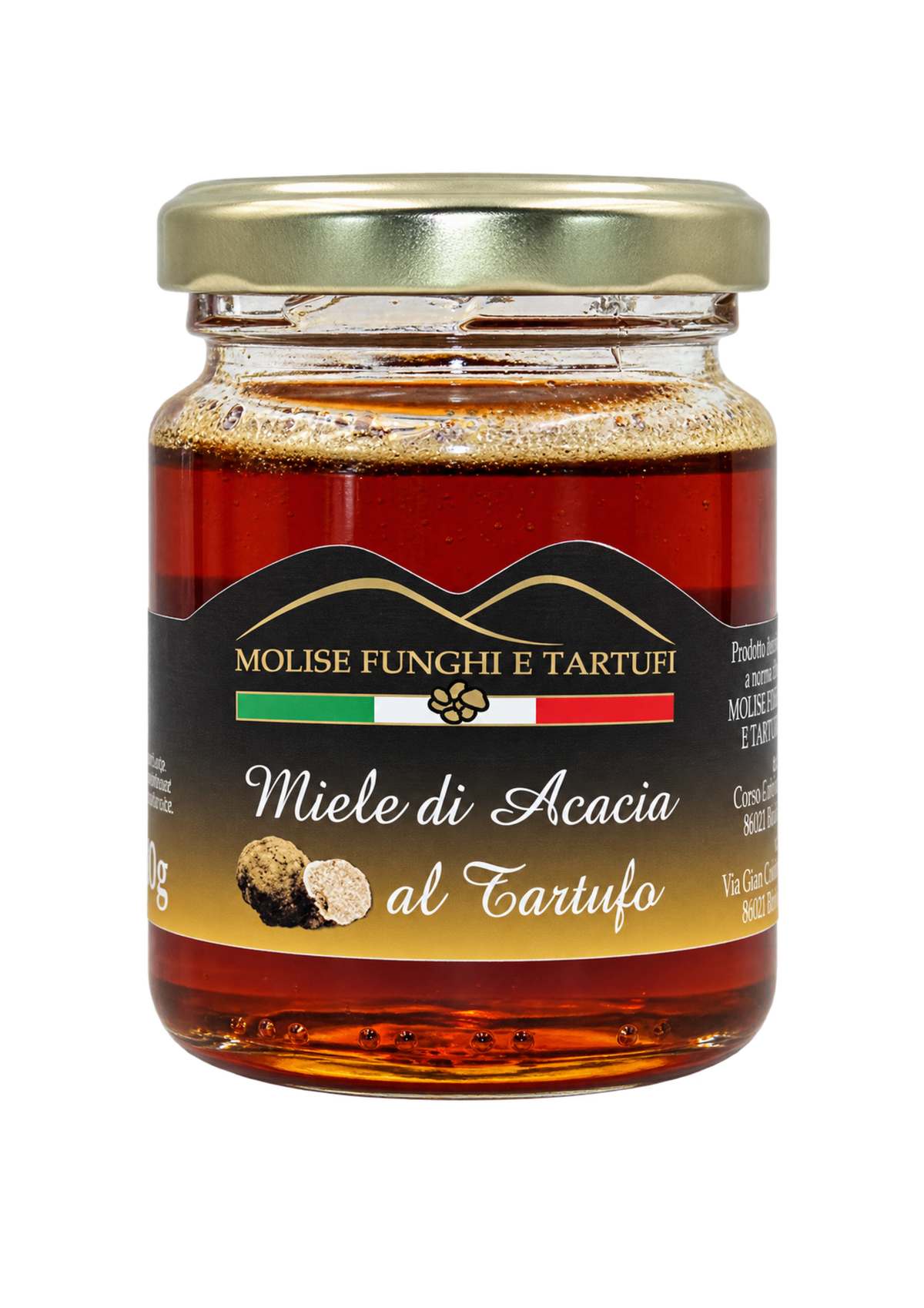 Vasetto di miele di acacia aromatizzato al tartufo bianco di Molise Funghi e Tartufi vendita all'ingrosso a ristoranti pizzerie bar negozi gastronomie laboratori cucine professionali per aperitivi vegani pasta