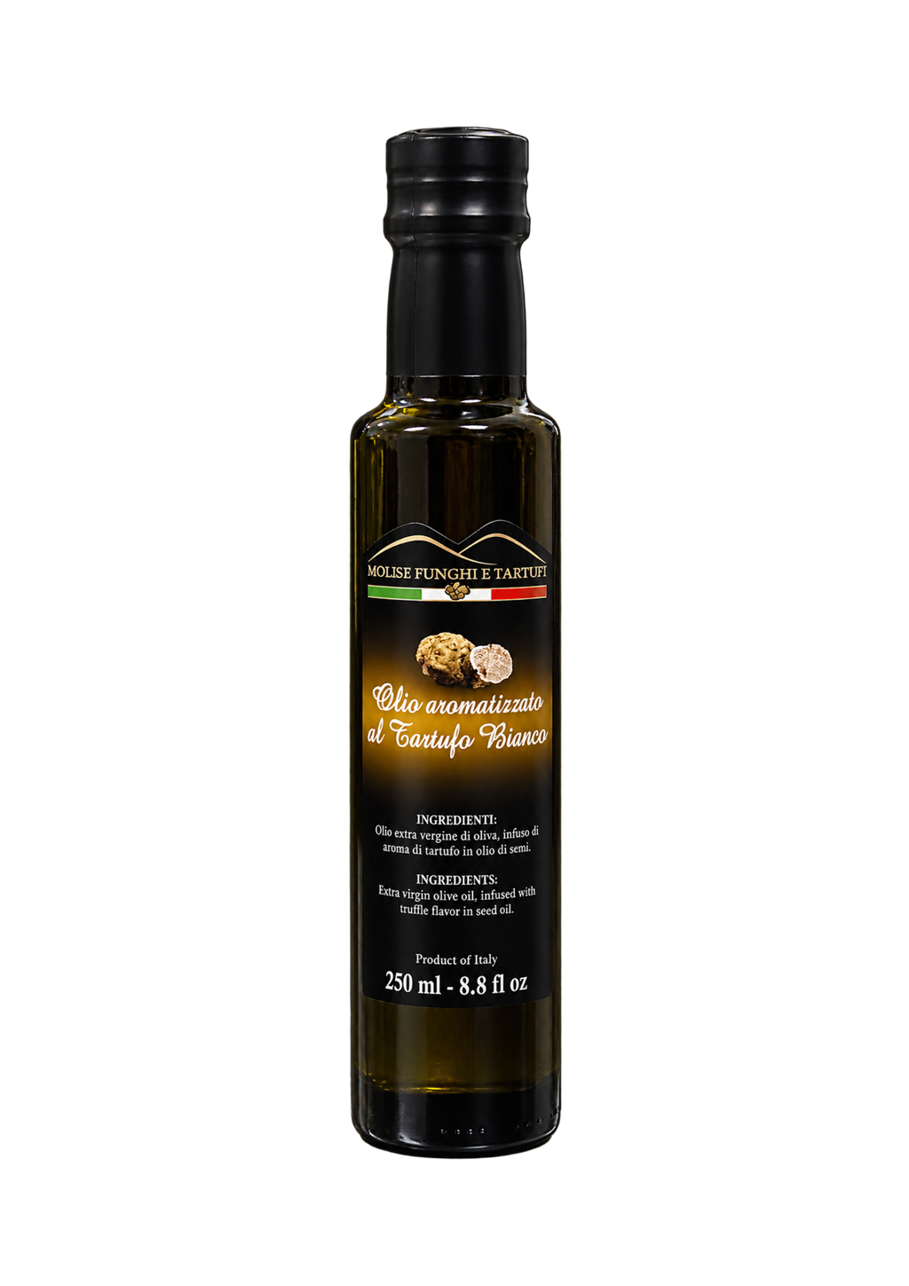 Bottiglia di condimento a base di olio extra vergine di oliva evo aromatizzato al tartufo bianco di Molise Funghi e Tartufi vendita all'ingrosso a ristoranti pizzerie bar negozi gastronomie laboratori cucine professionali per aperitivi vegani pasta carne