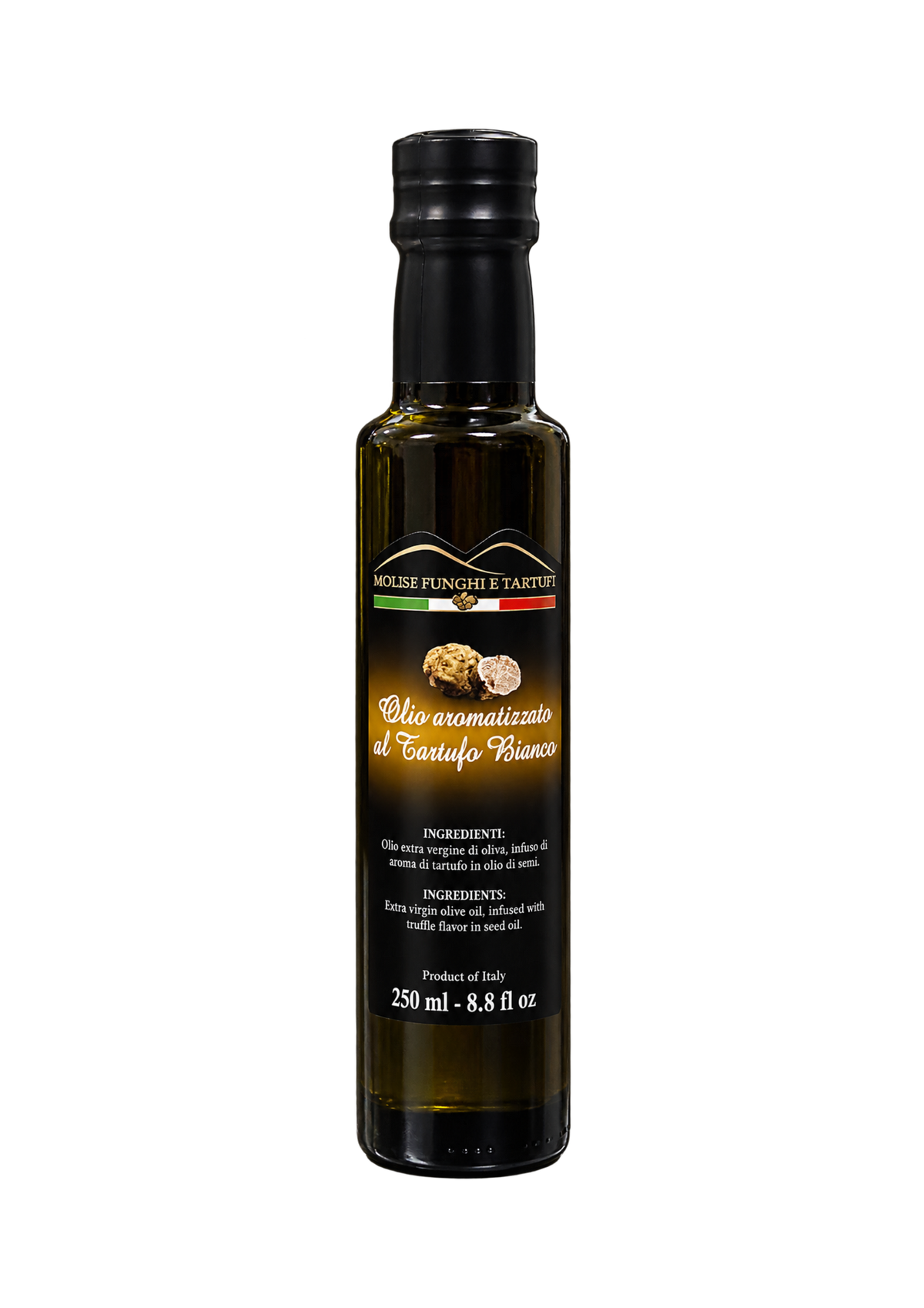 Bottiglia di condimento a base di olio extra vergine di oliva evo aromatizzato al tartufo bianco di Molise Funghi e Tartufi vendita all'ingrosso a ristoranti pizzerie bar negozi gastronomie laboratori cucine professionali per aperitivi vegani pasta carne