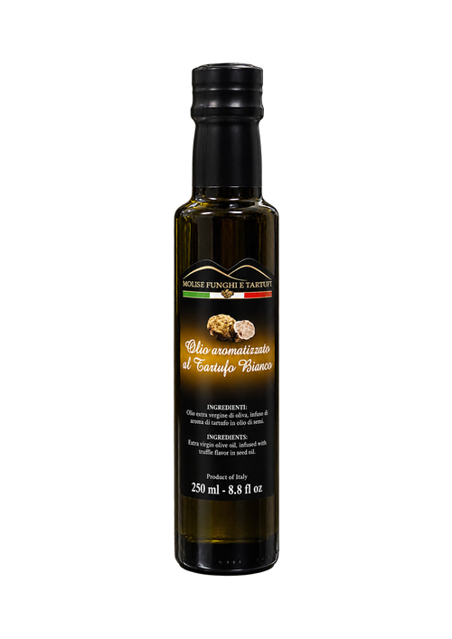 Bottiglia di condimento a base di olio extra vergine di oliva evo aromatizzato al tartufo bianco di Molise Funghi e Tartufi vendita all'ingrosso a ristoranti pizzerie bar negozi gastronomie laboratori cucine professionali per aperitivi vegani pasta carne