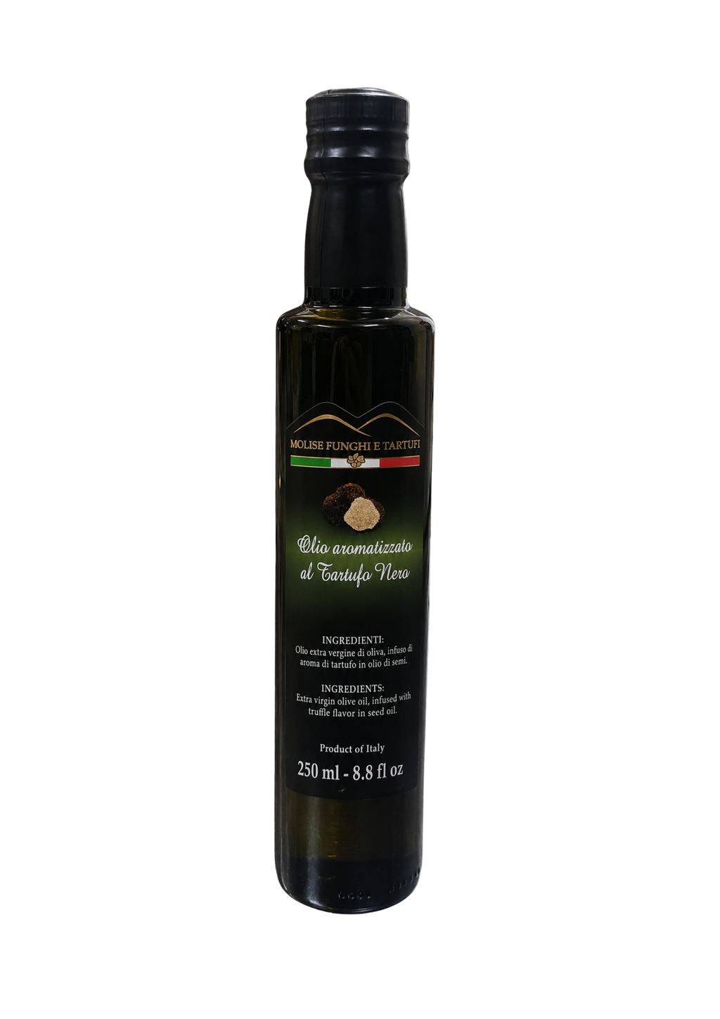 Bottiglia di condimento a base di olio extra vergine di oliva evo aromatizzato al tartufo nero estivo di Molise Funghi e Tartufi vendita all'ingrosso a ristoranti pizzerie bar negozi gastronomie laboratori cucine professionali per aperitivi vegani pasta carne