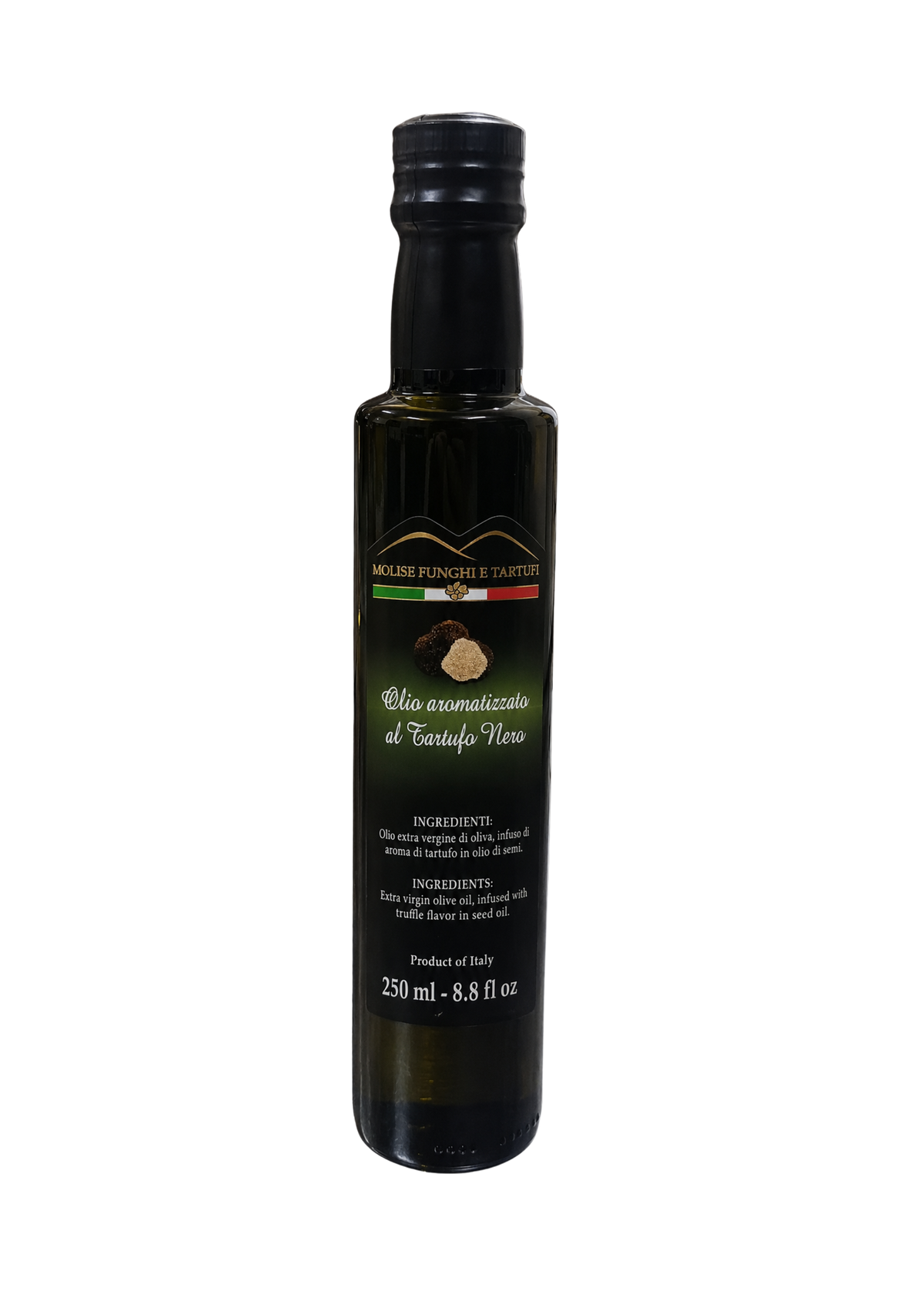 Bottiglia di condimento a base di olio extra vergine di oliva evo aromatizzato al tartufo nero estivo di Molise Funghi e Tartufi vendita all'ingrosso a ristoranti pizzerie bar negozi gastronomie laboratori cucine professionali per aperitivi vegani pasta carne