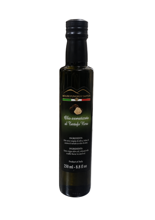 Bottiglia di condimento a base di olio extra vergine di oliva evo aromatizzato al tartufo nero estivo di Molise Funghi e Tartufi vendita all'ingrosso a ristoranti pizzerie bar negozi gastronomie laboratori cucine professionali per aperitivi vegani pasta carne