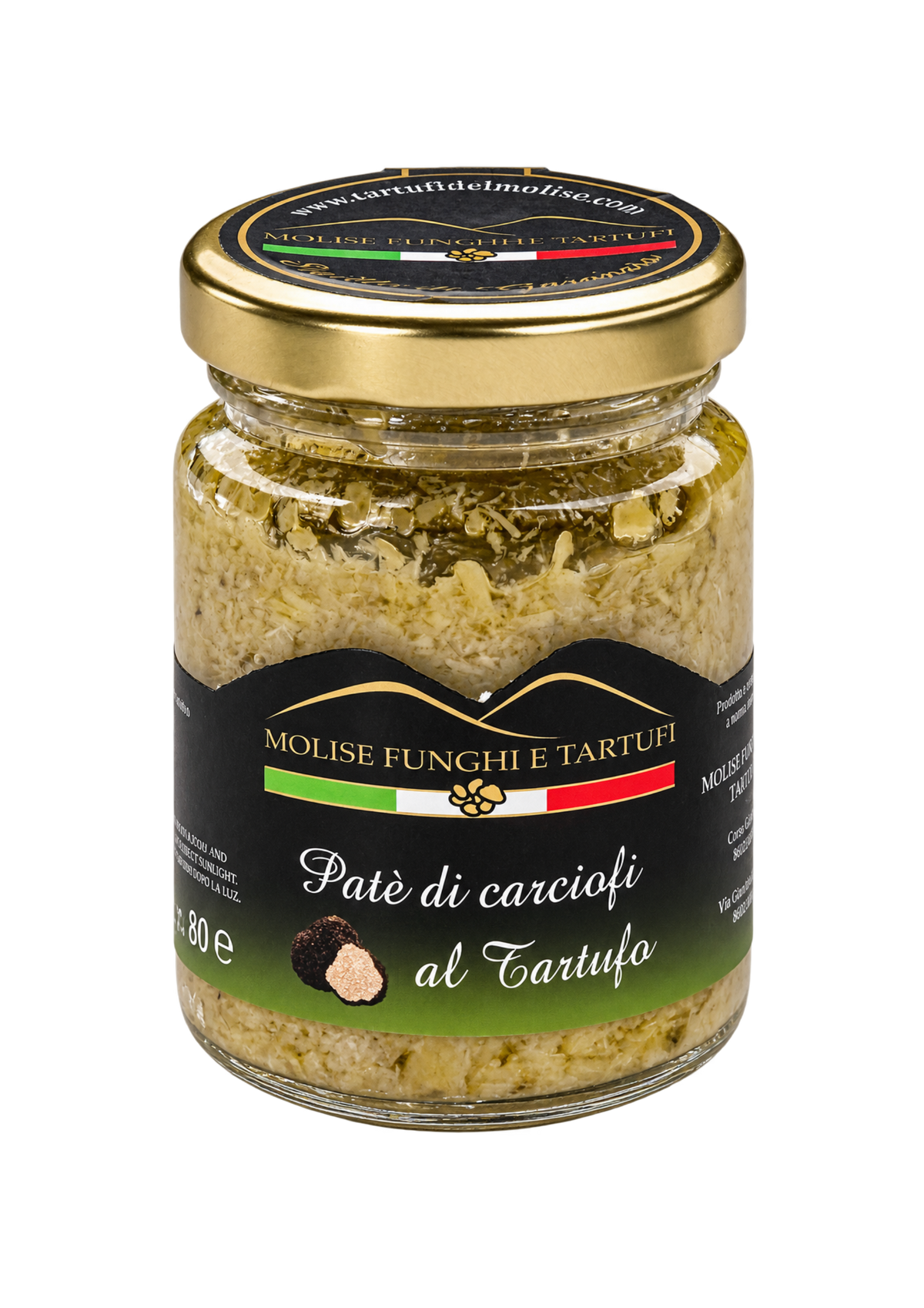 Vasetto di paté di carciofi al tartufo nero estivo di Molise Funghi e Tartufi con olio evo extra vergine d'olive vendita all'ingrosso a ristoranti pizzerie bar negozi gastronomie laboratori cucine professionali per aperitivi vegani pasta