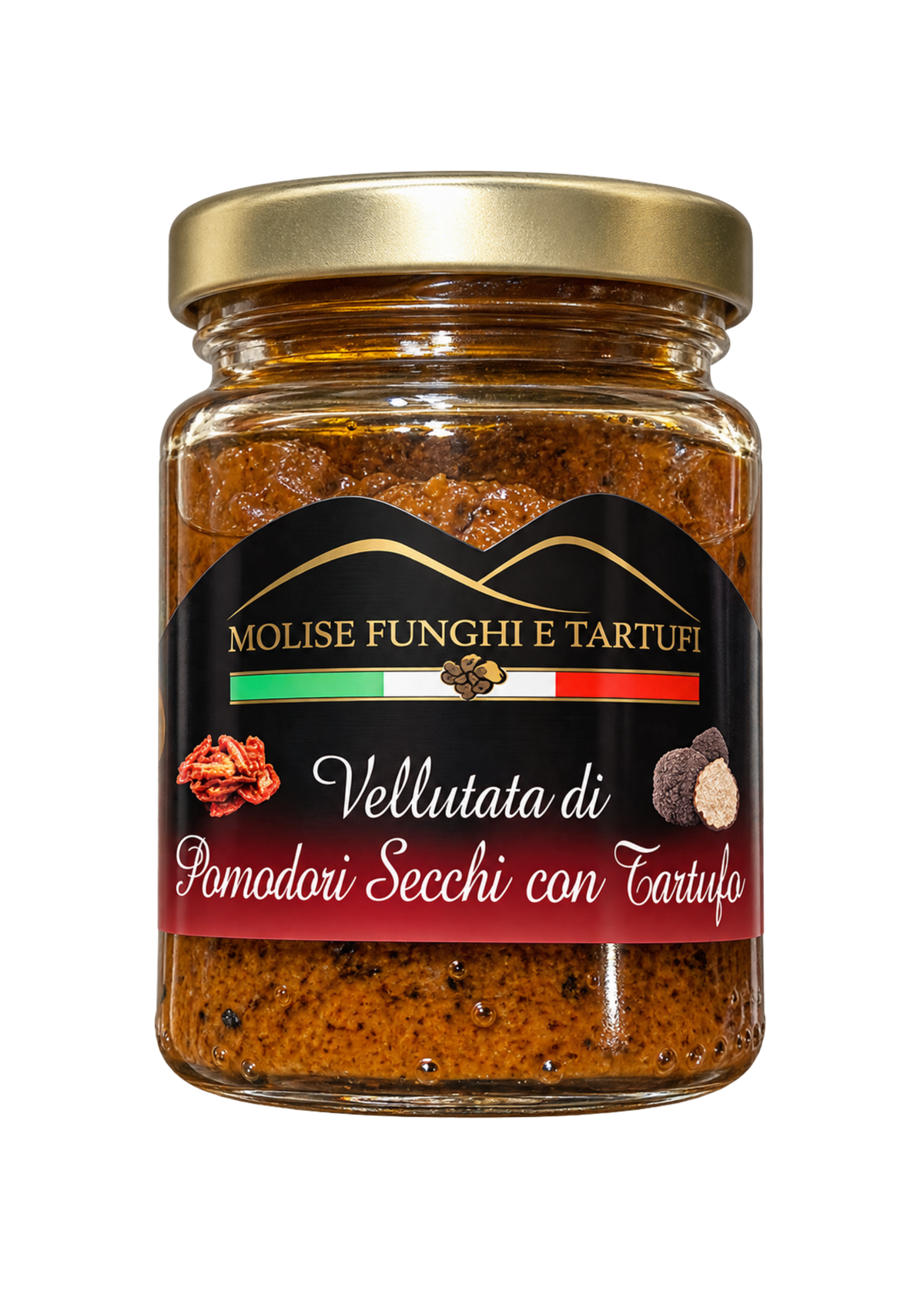 Vasetto di vellutata di pomodori secchi al tartufo nero estivo di Molise Funghi e Tartufi vendita all'ingrosso a ristoranti pizzerie bar negozi gastronomie laboratori cucine professionali per aperitivi vegani pasta